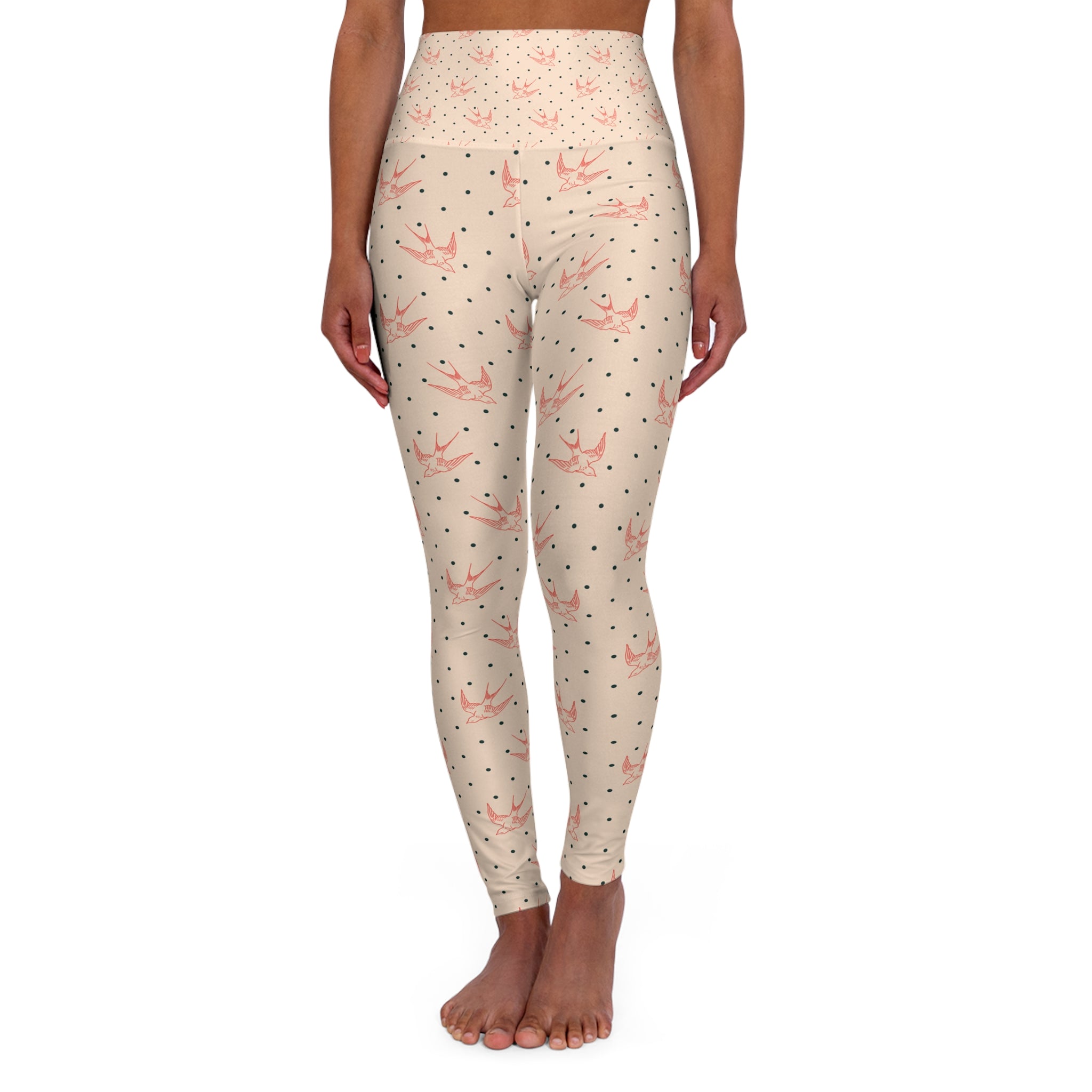 High Waisted Yoga Leggings with Elegant Swallow Print